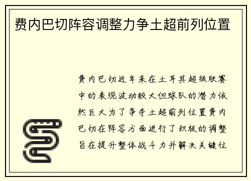 费内巴切阵容调整力争土超前列位置