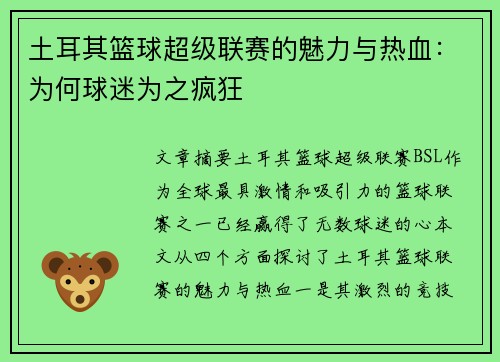 土耳其篮球超级联赛的魅力与热血：为何球迷为之疯狂